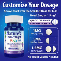 Nature's Perfect Night Kids comparación de tamaño de tableta con moneda, dosificación clara