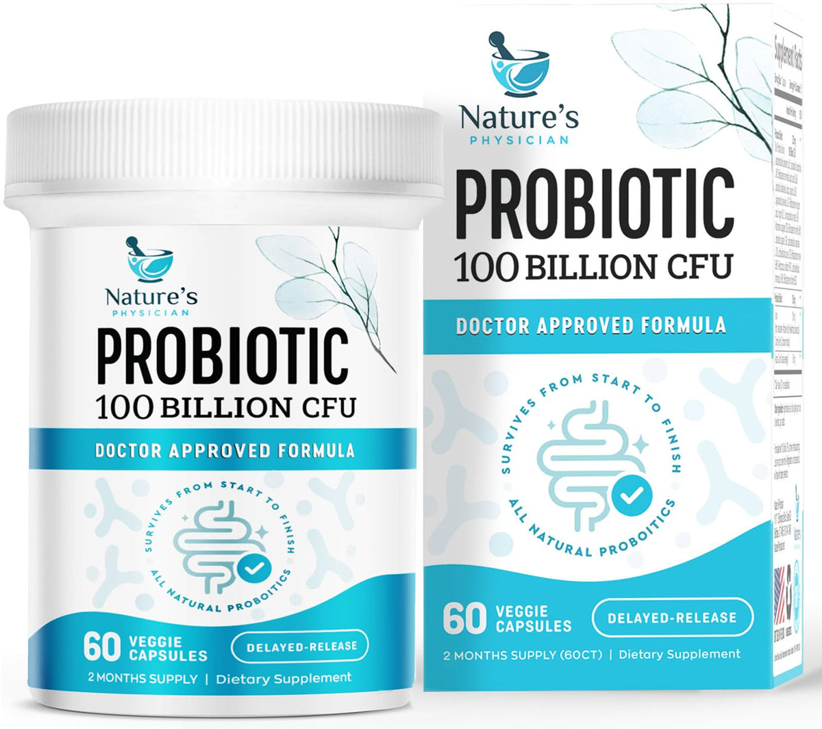 Nature's Physician empaque frontal mostrando dosis y cepas beneficiosas