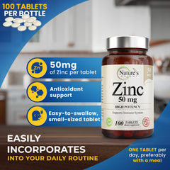 Close-up de tabletas Nature's Potent Zinc 50 mg, textura uniforme y dosificación precisa
