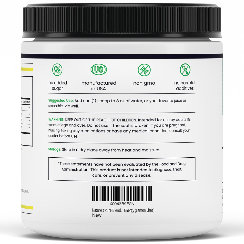 Nature's Pure Blend envase al lado de una regla para comparar tamaño