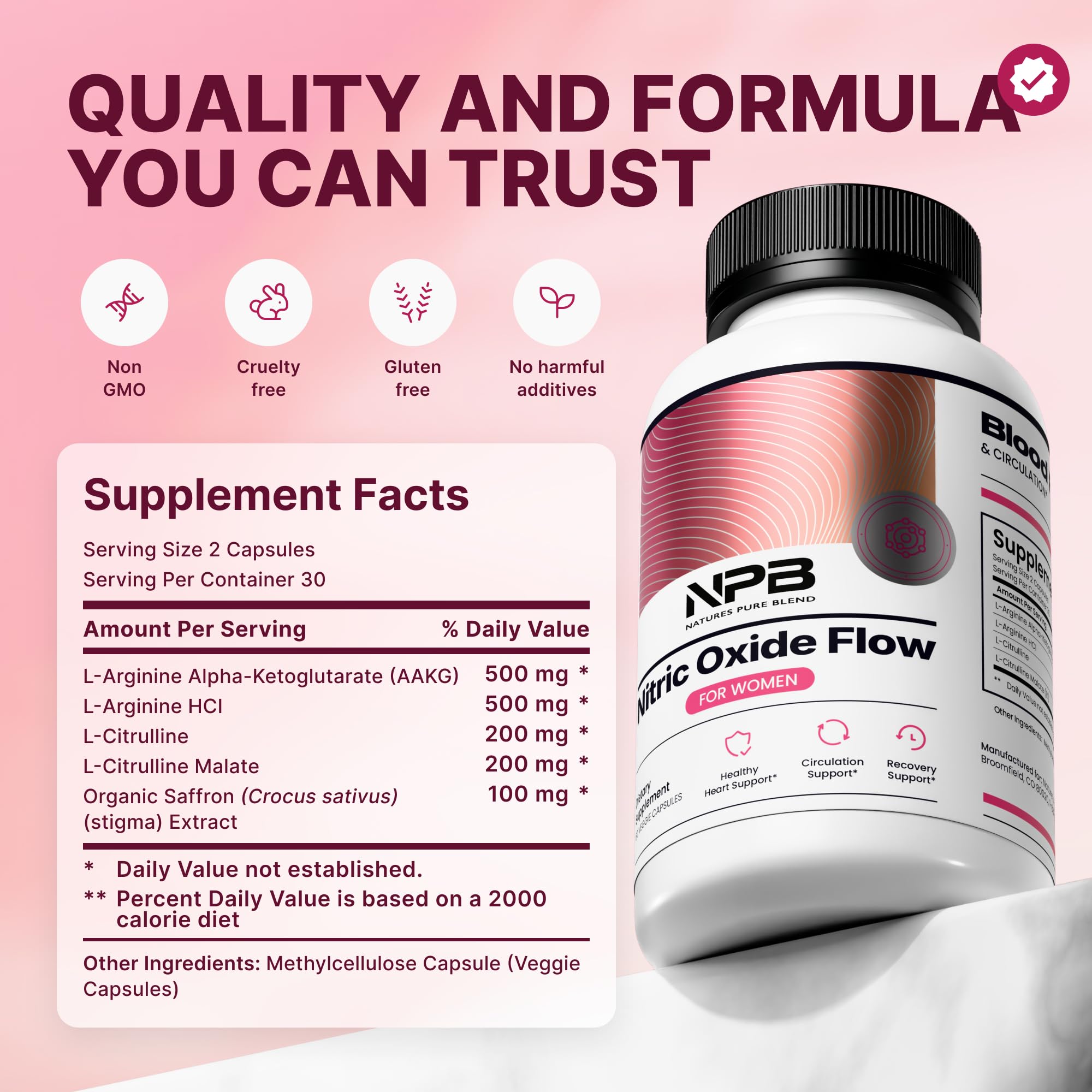 Nature's Pure Blend etiqueta con ingredientes y proporción L-Arginina/L-Citrulina para confianza