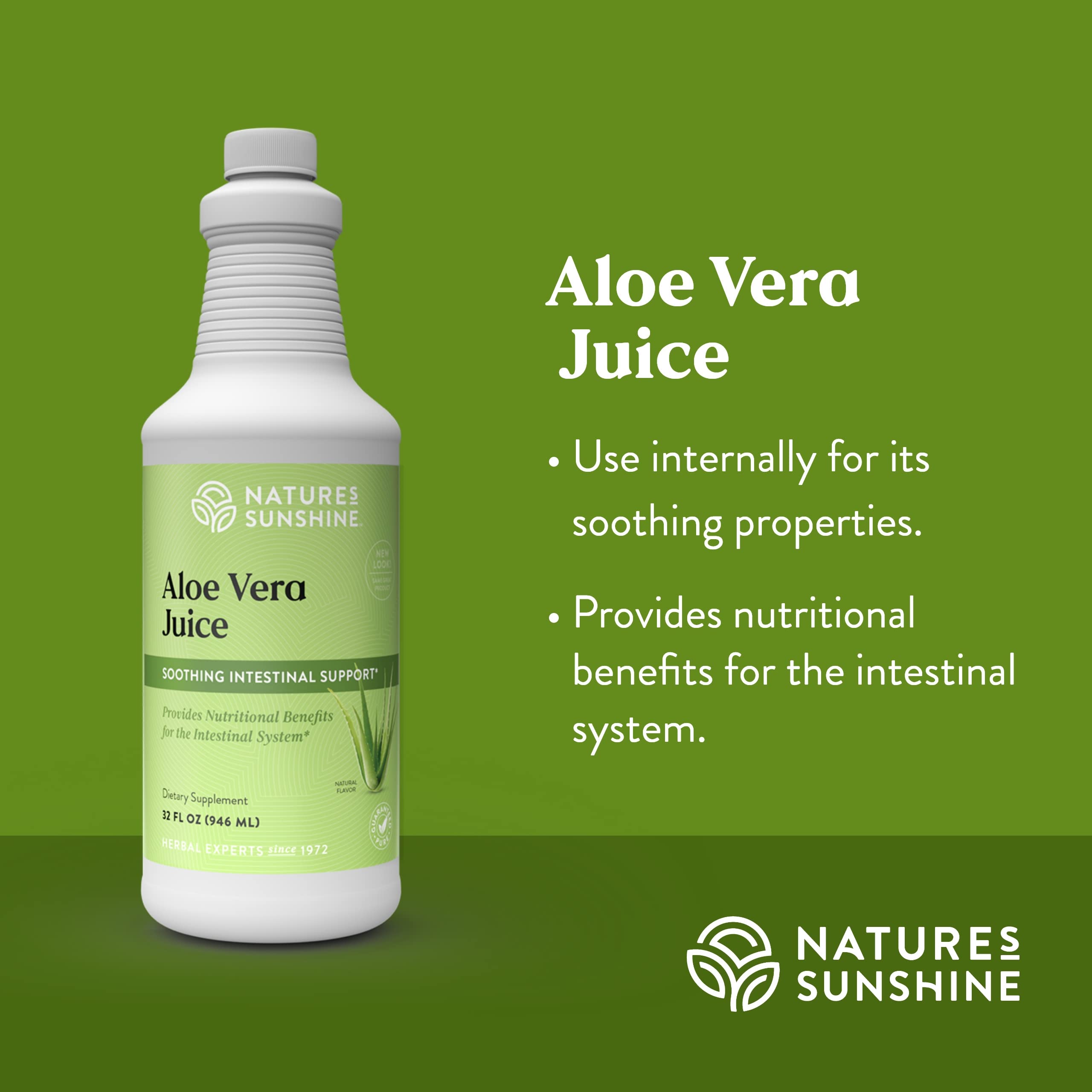 Nature's Sunshine botella 32 fl oz junto a elementos para comparar tamaño