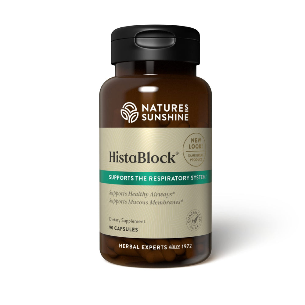 Nature's Sunshine frasco HistaBlock frontal mostrando etiqueta clara y beneficios