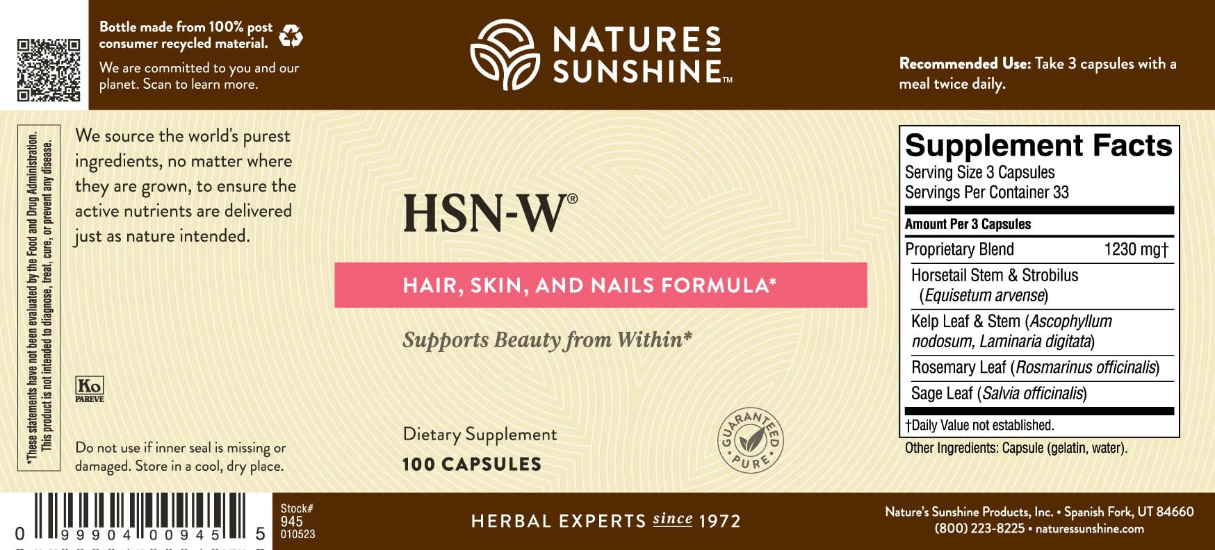 Nature's Sunshine etiqueta HSN-W con información de ingredientes y lote
