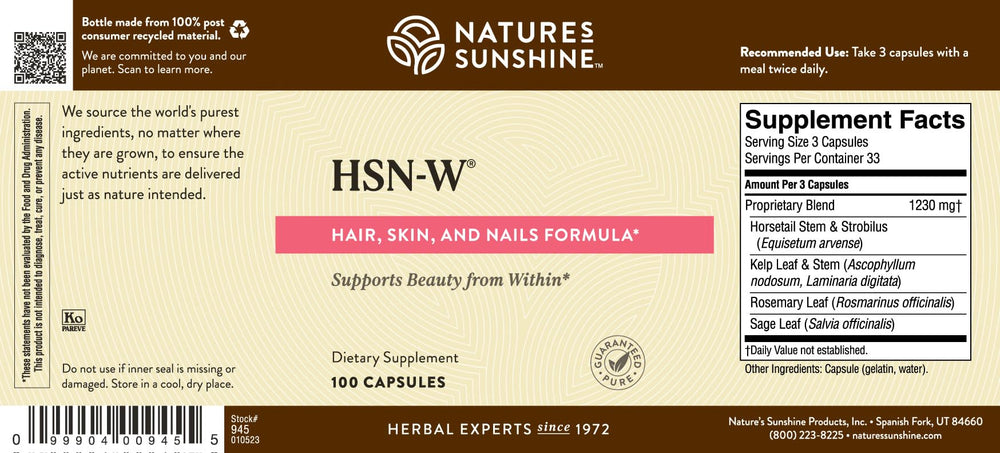 Nature's Sunshine etiqueta HSN-W con información de ingredientes y lote