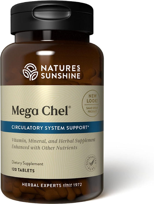Nature's Sunshine envase frontal de Mega-Chel mostrando 120 tabletas y confianza de marca
