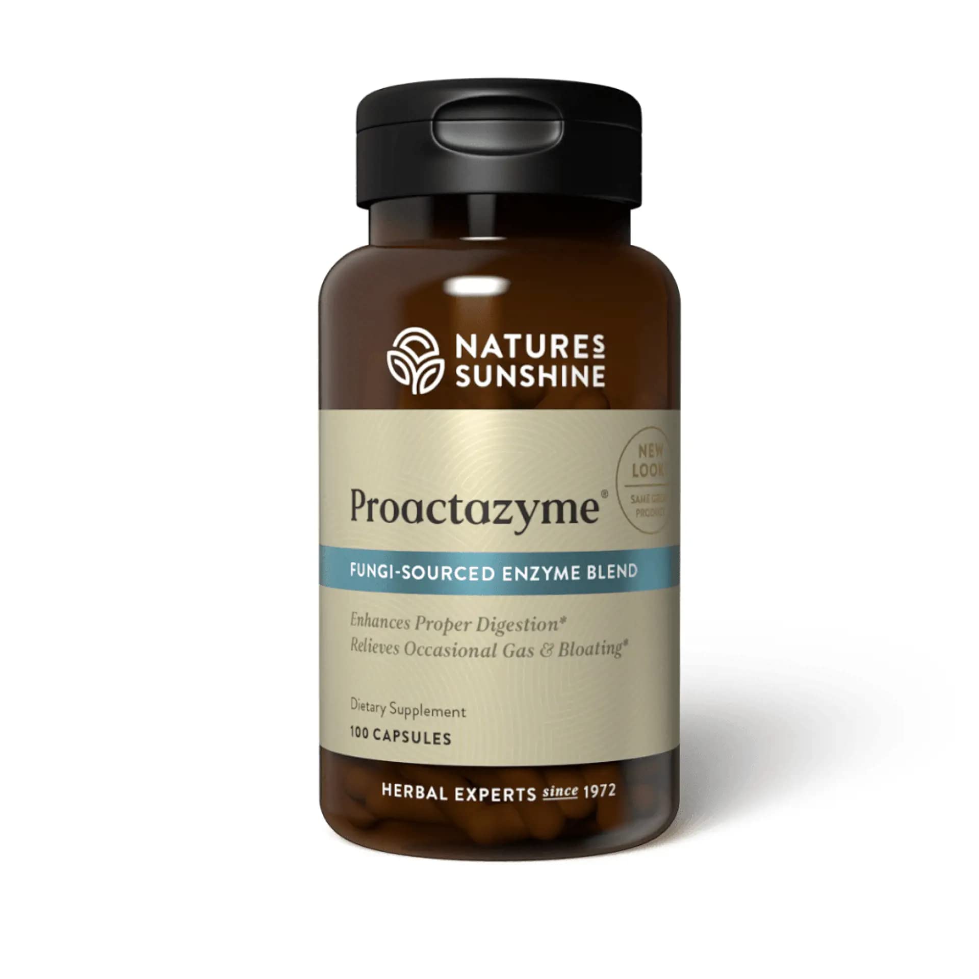 Nature's Sunshine envase frontal mostrando Proactazyme y beneficio digestivo
