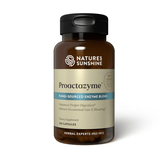 Nature's Sunshine envase frontal mostrando Proactazyme y beneficio digestivo