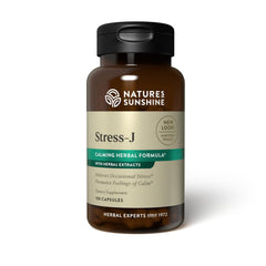 Nature's Sunshine frasco Stress-J frente mostrando etiqueta y beneficios