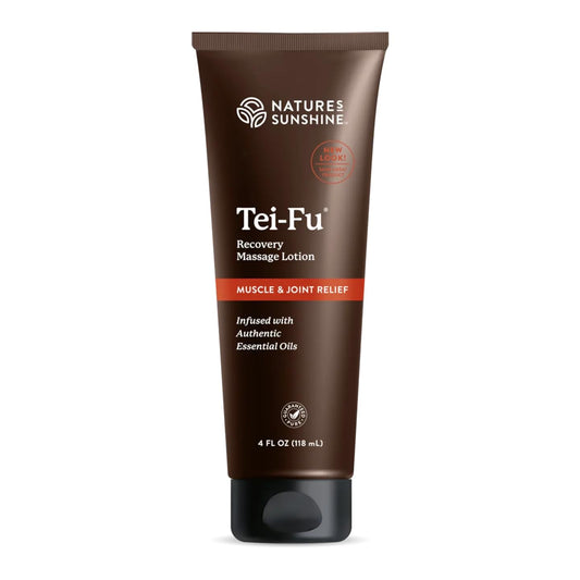 Nature's Sunshine frasco Tei-Fu Recovery frontal mostrando etiqueta clara y aplicación fácil