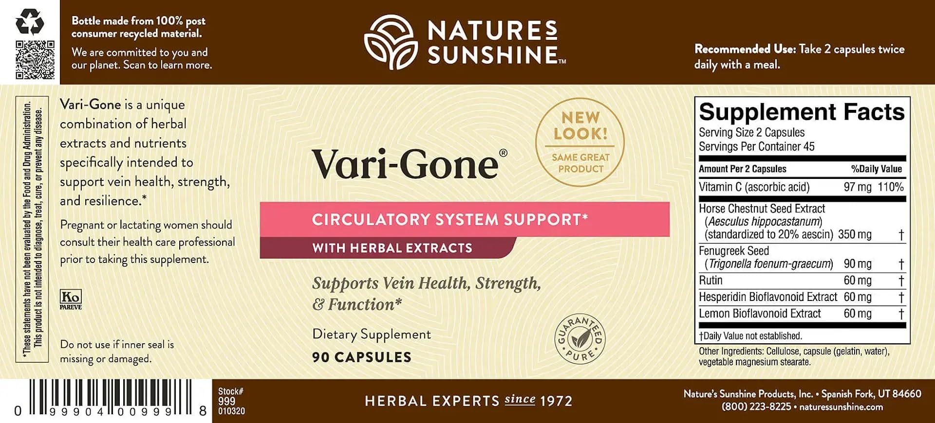 Nature's Sunshine etiqueta con lista de ingredientes y controles de calidad