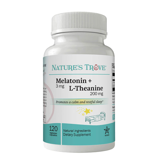 Nature's Trove botella frontal de melatonina y L-theanine mostrando etiqueta y beneficios