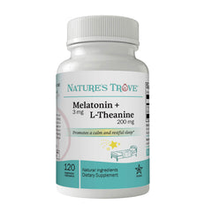 Nature's Trove botella frontal de melatonina y L-theanine mostrando etiqueta y beneficios
