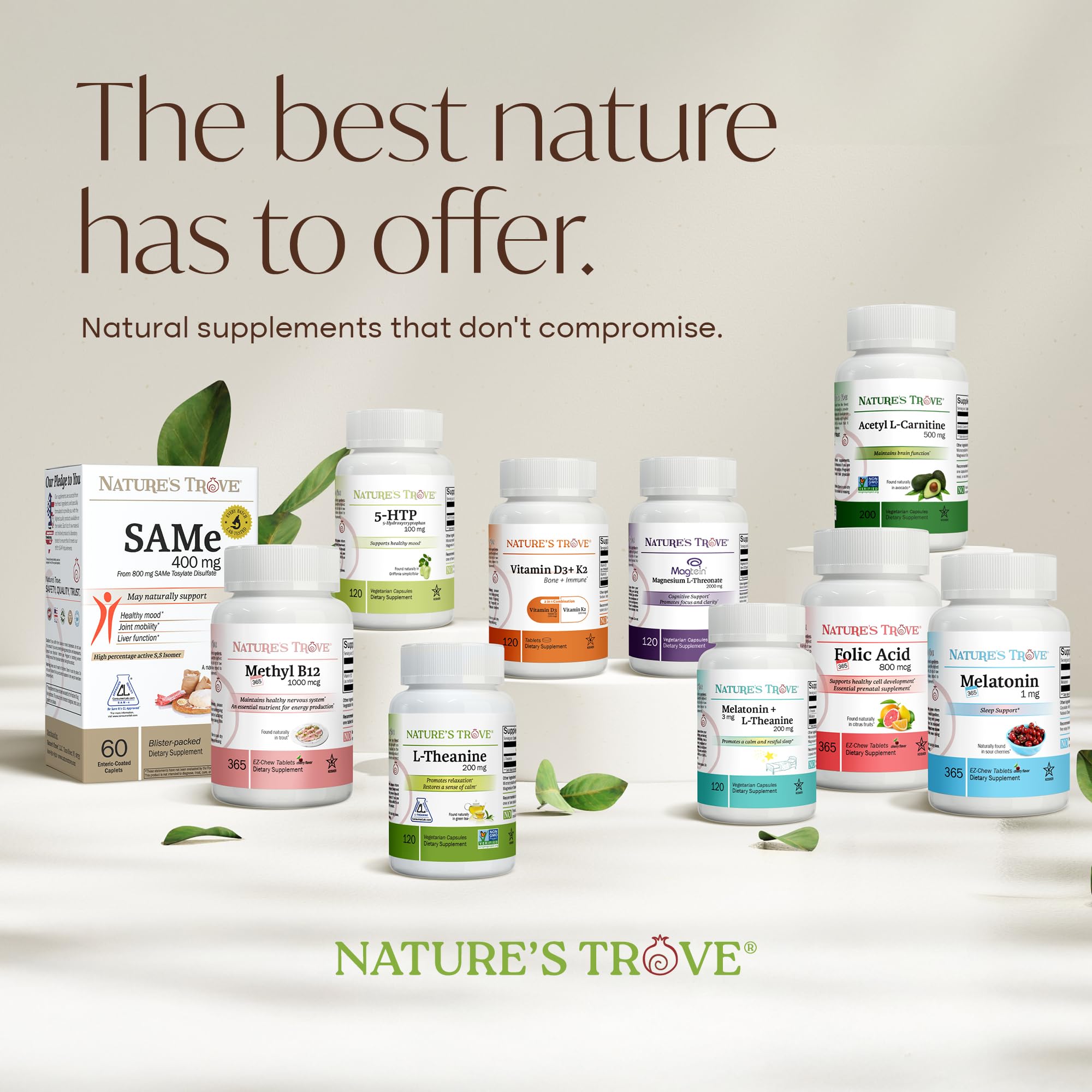 Nature's Trove envase en mesa, presentación práctica para uso diario