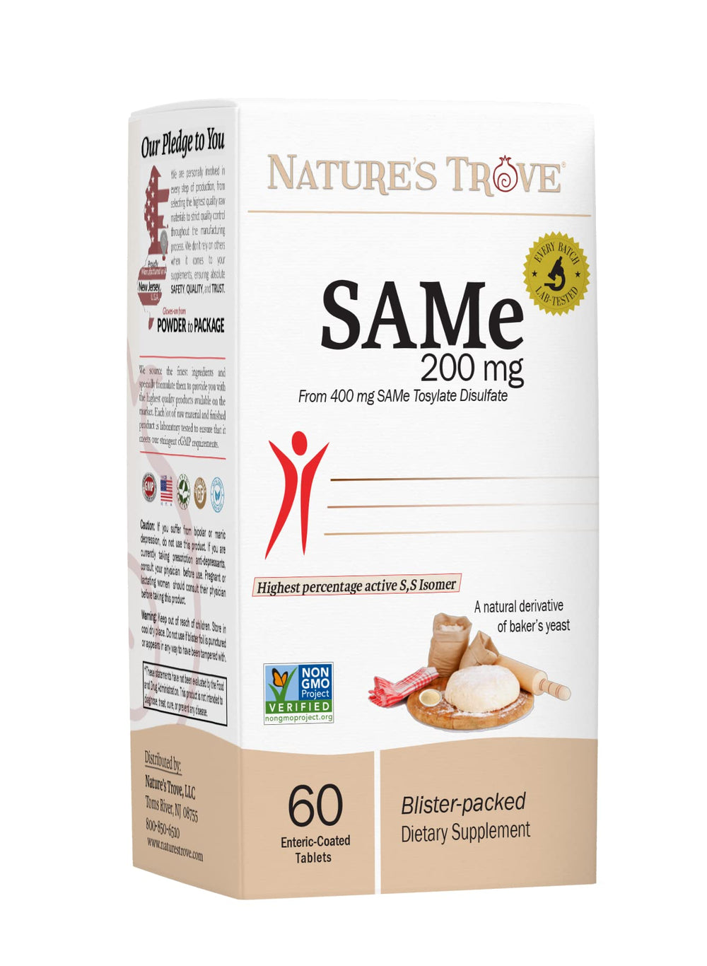 Nature's Trove SAM-e frontal del envase mostrando 60 comprimidos y beneficios claros