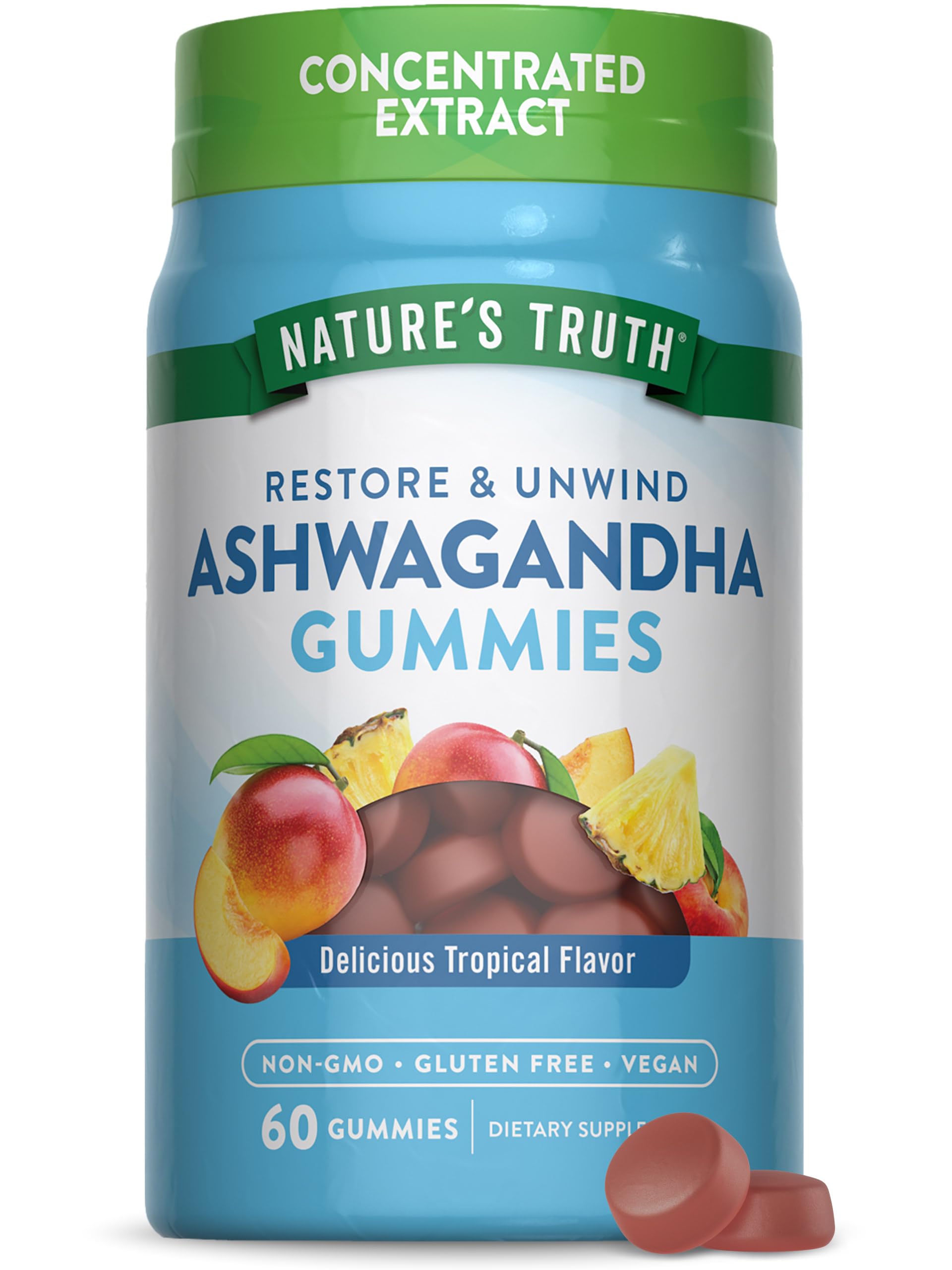 Nature's Truth frasco frontal mostrando 60 gomitas y ventaja práctica