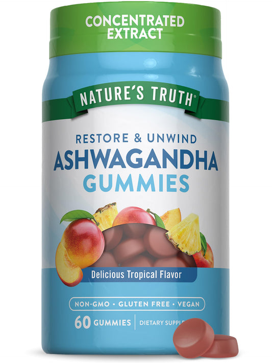 Nature's Truth frasco frontal mostrando 60 gomitas y ventaja práctica