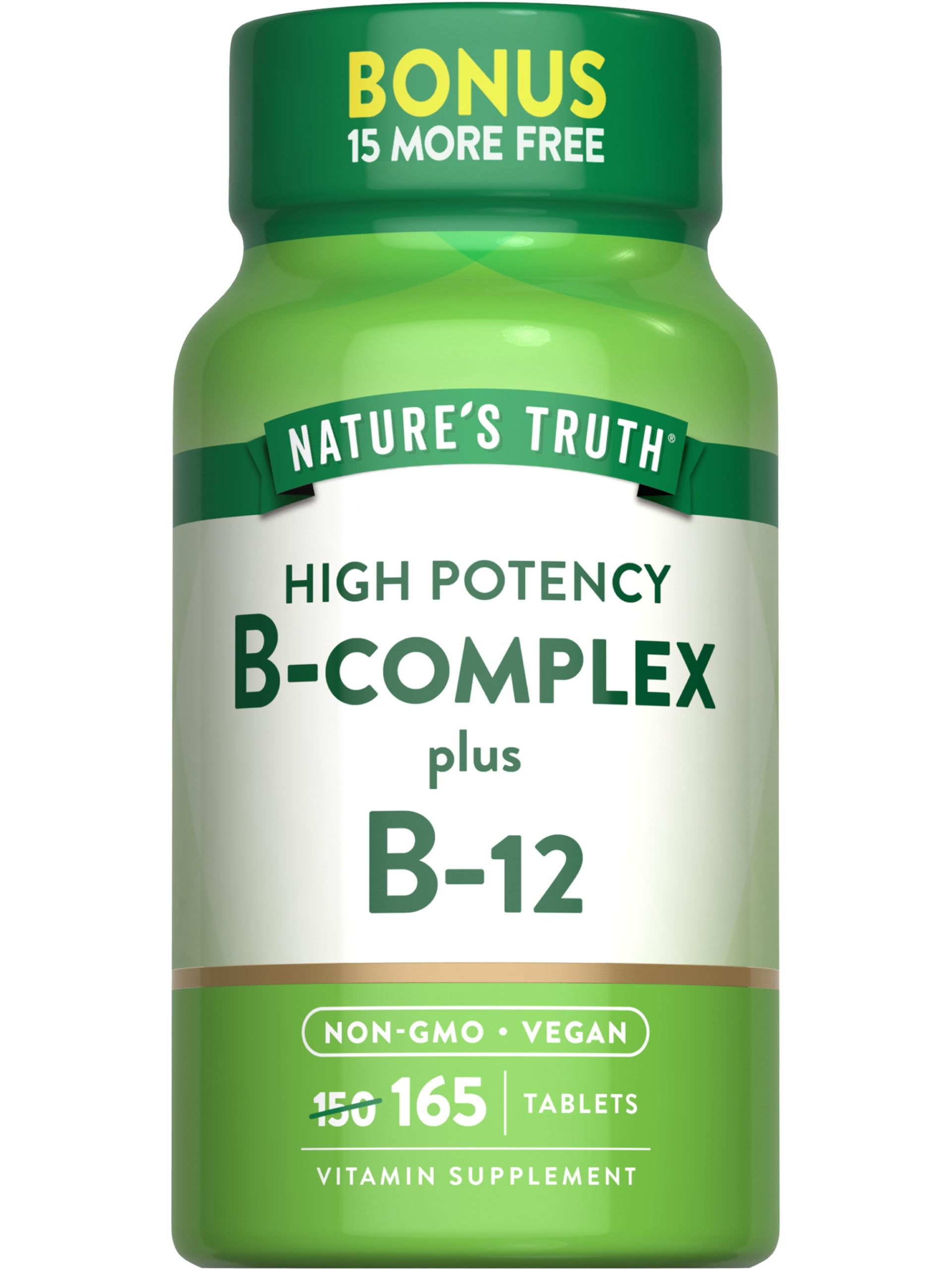 Nature's Truth frasco frontal mostrando 165 tabletas y beneficios de B complex