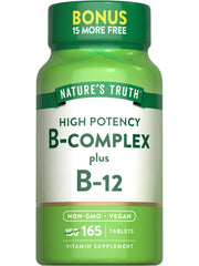 Nature's Truth frasco frontal mostrando 165 tabletas y beneficios de B complex