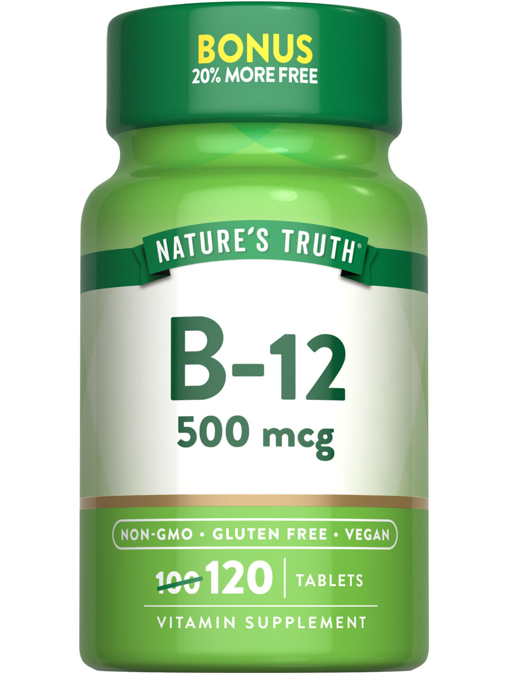 Nature's Truth frasco frontal mostrando etiqueta y 120 tabletas como beneficio de suministro prolongado