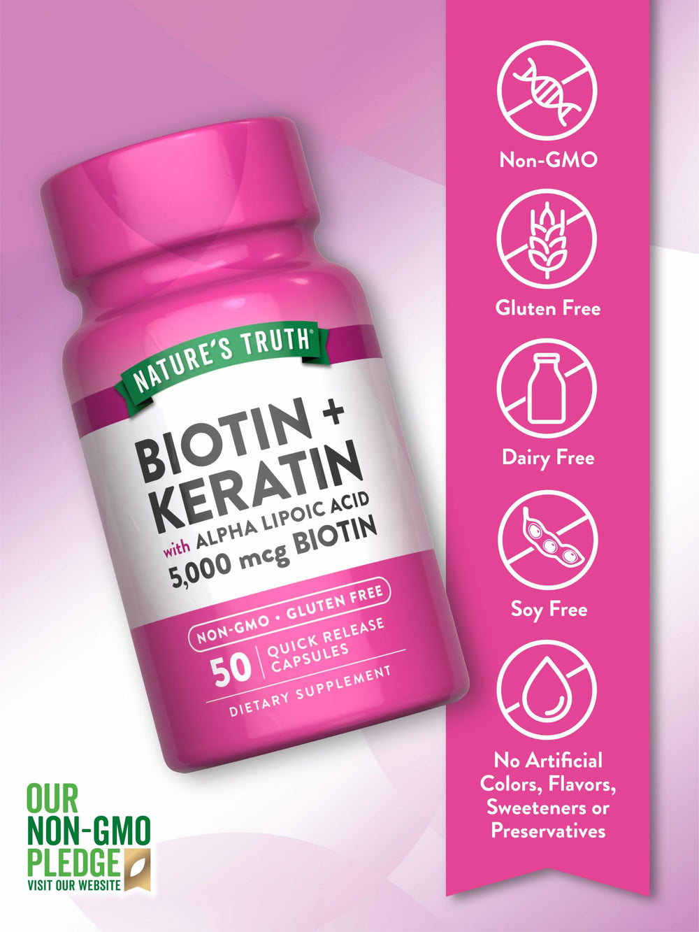 Nature's Truth Biotina 5000 mcg, etiqueta: dosis clara para un uso cómodo.