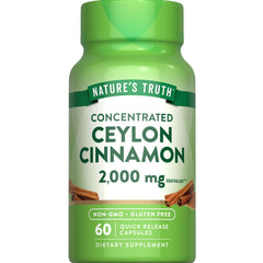 Nature's Truth envase frontal de Ceylon Cinnamon que muestra la marca y beneficios