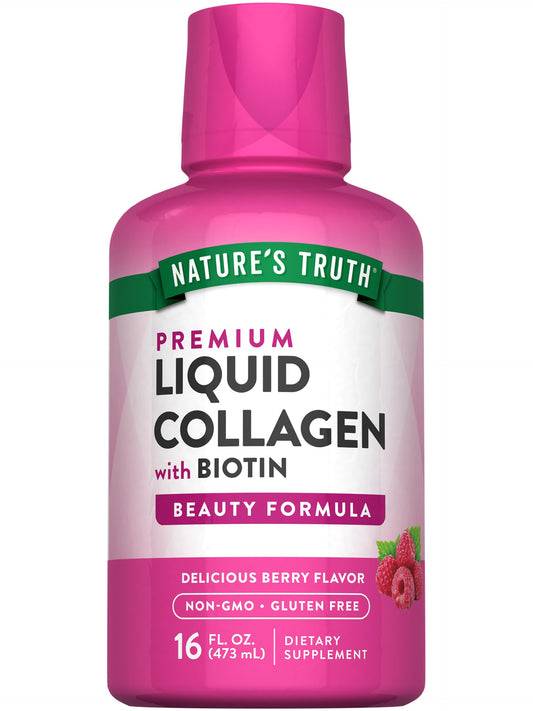 Nature's Truth colágeno líquido vista frontal, envase claro y beneficios prácticos