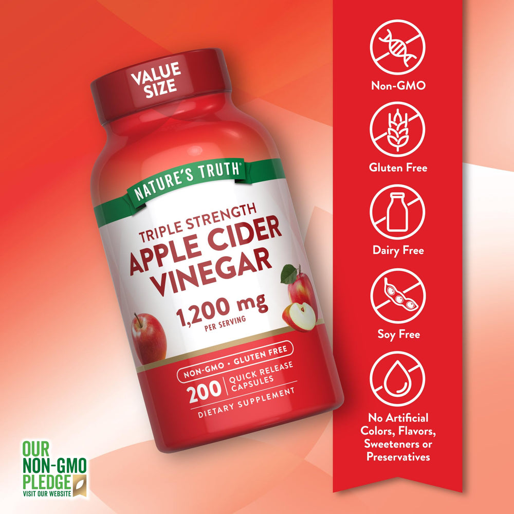 Nature's Truth primer plano del polvo de vinagre de manzana en cápsula, pureza visible