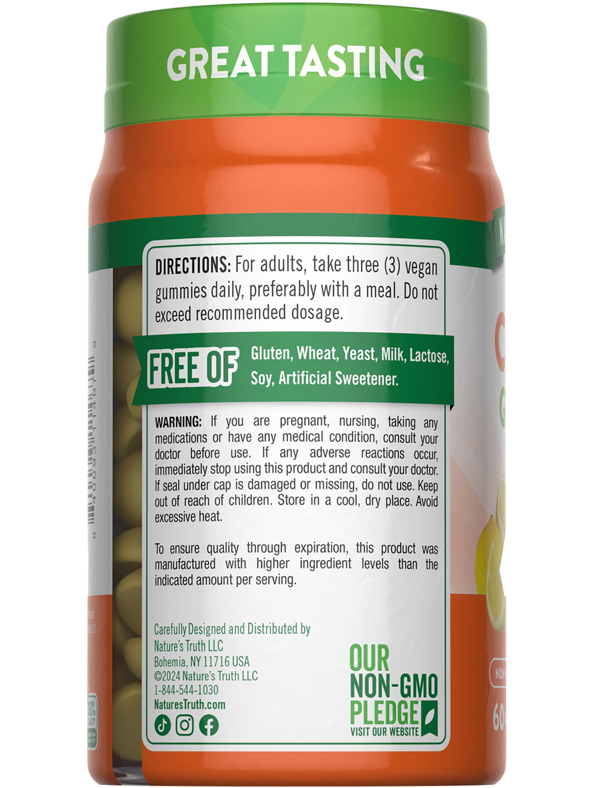 Nature's Truth lado del empaque con información nutricional y dosis recomendada
