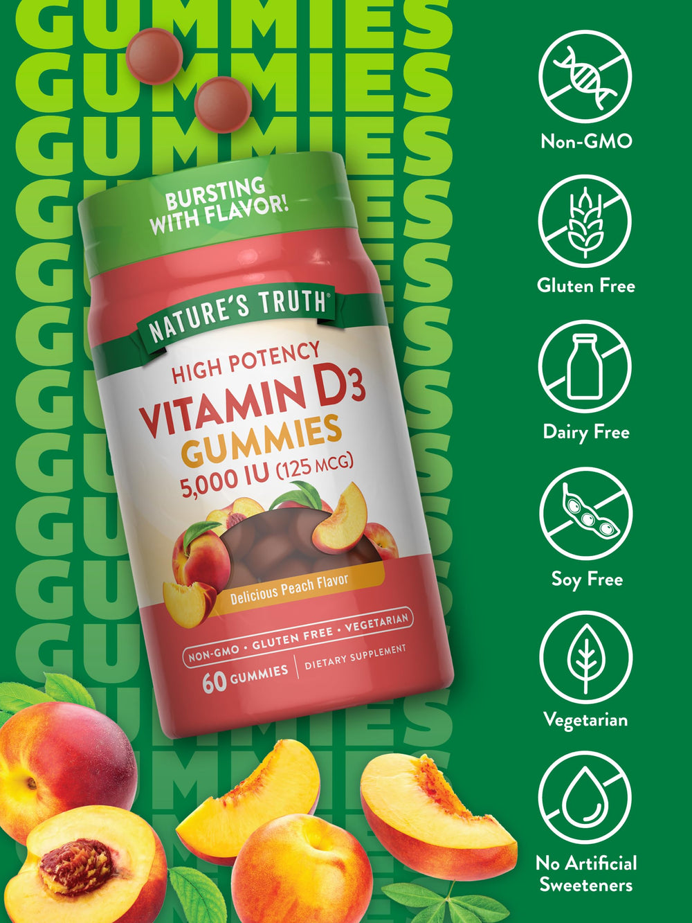 Nature's Truth envase abierto con gomitas agrupadas, muestra cantidad