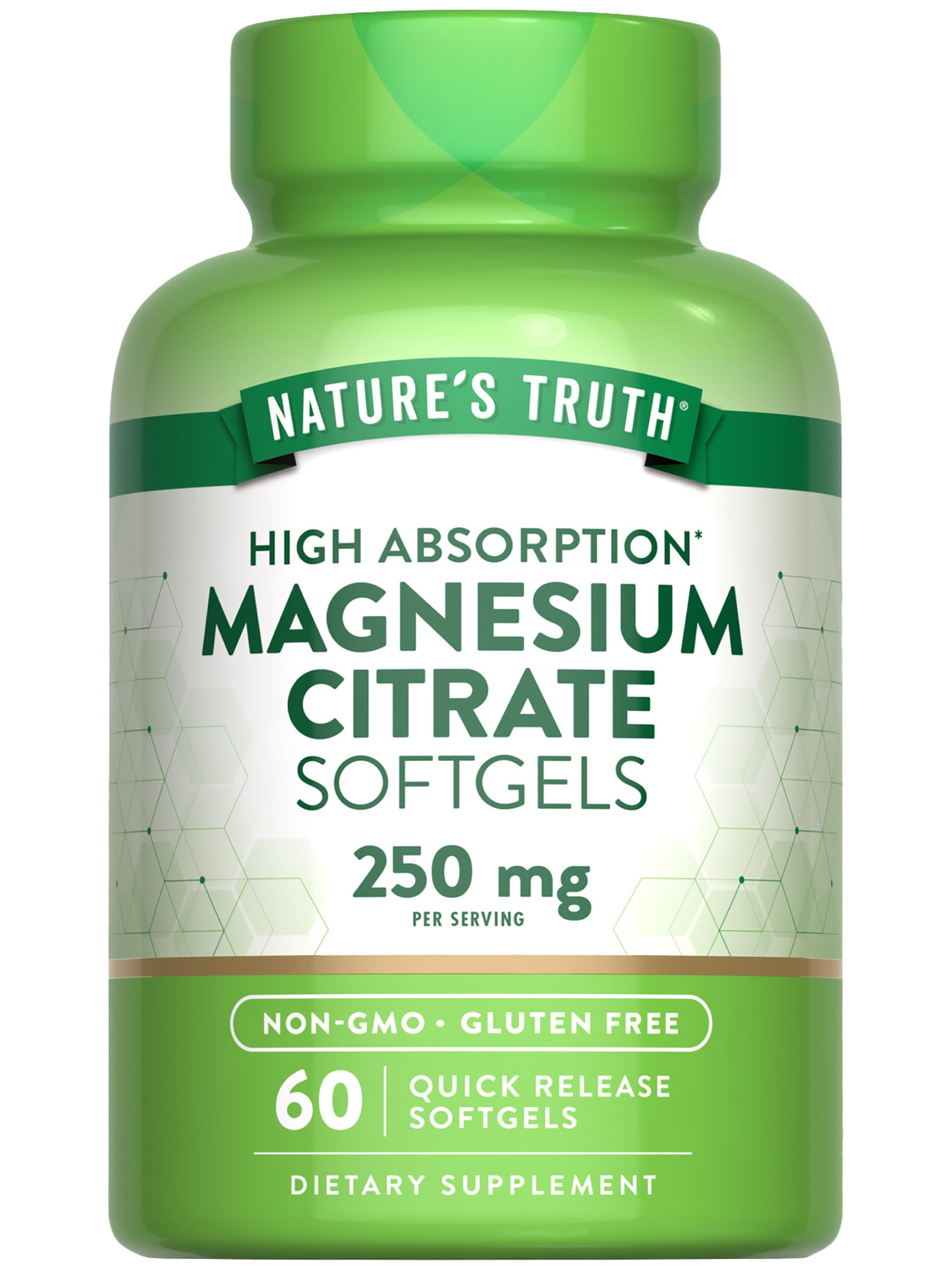 Nature's Truth envase frontal del citrato de magnesio mostrando 60 softgels y beneficios