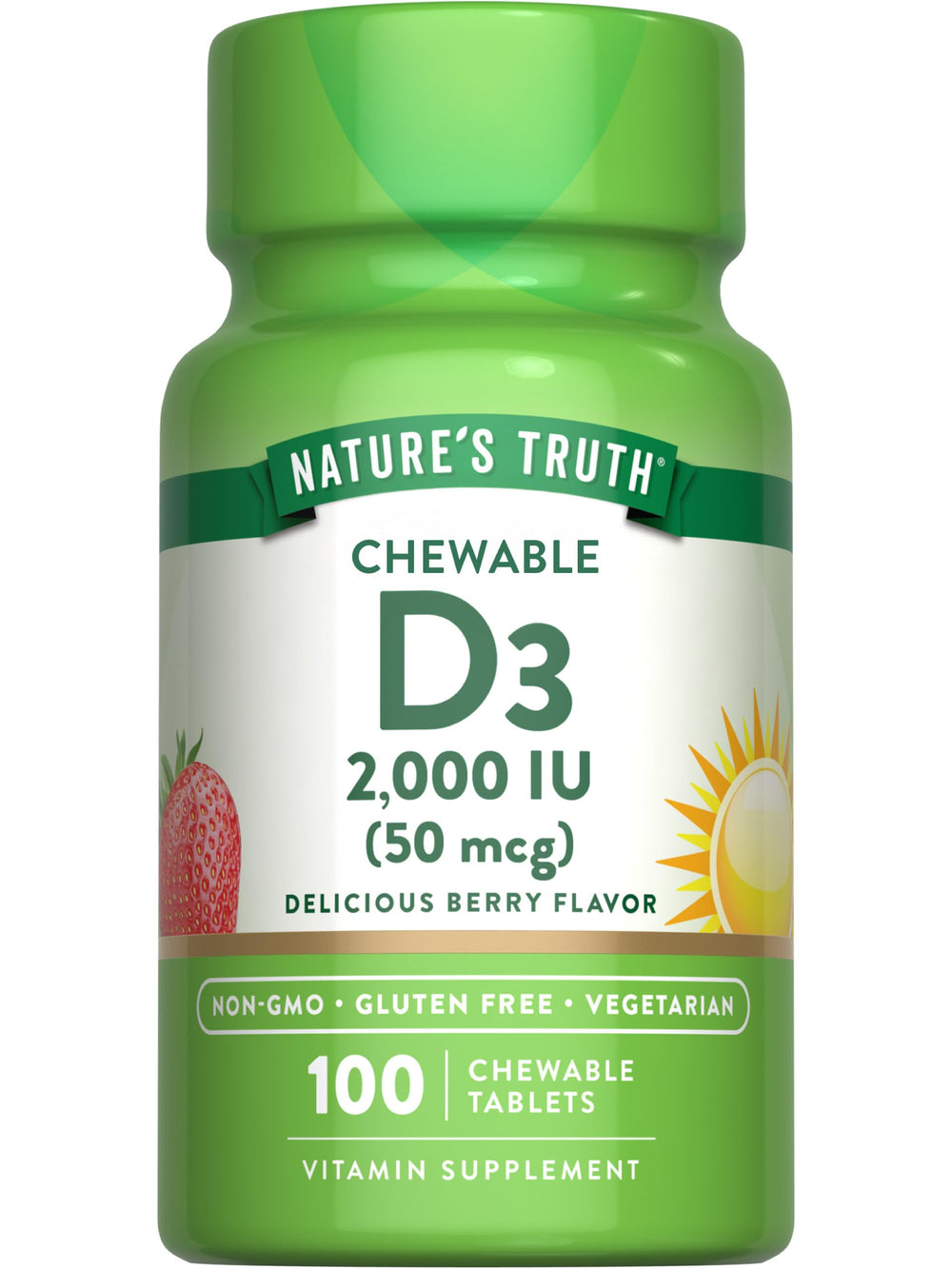 Nature's Truth envase frontal vitamina D3 mostrando la presentación y beneficio de conveniencia