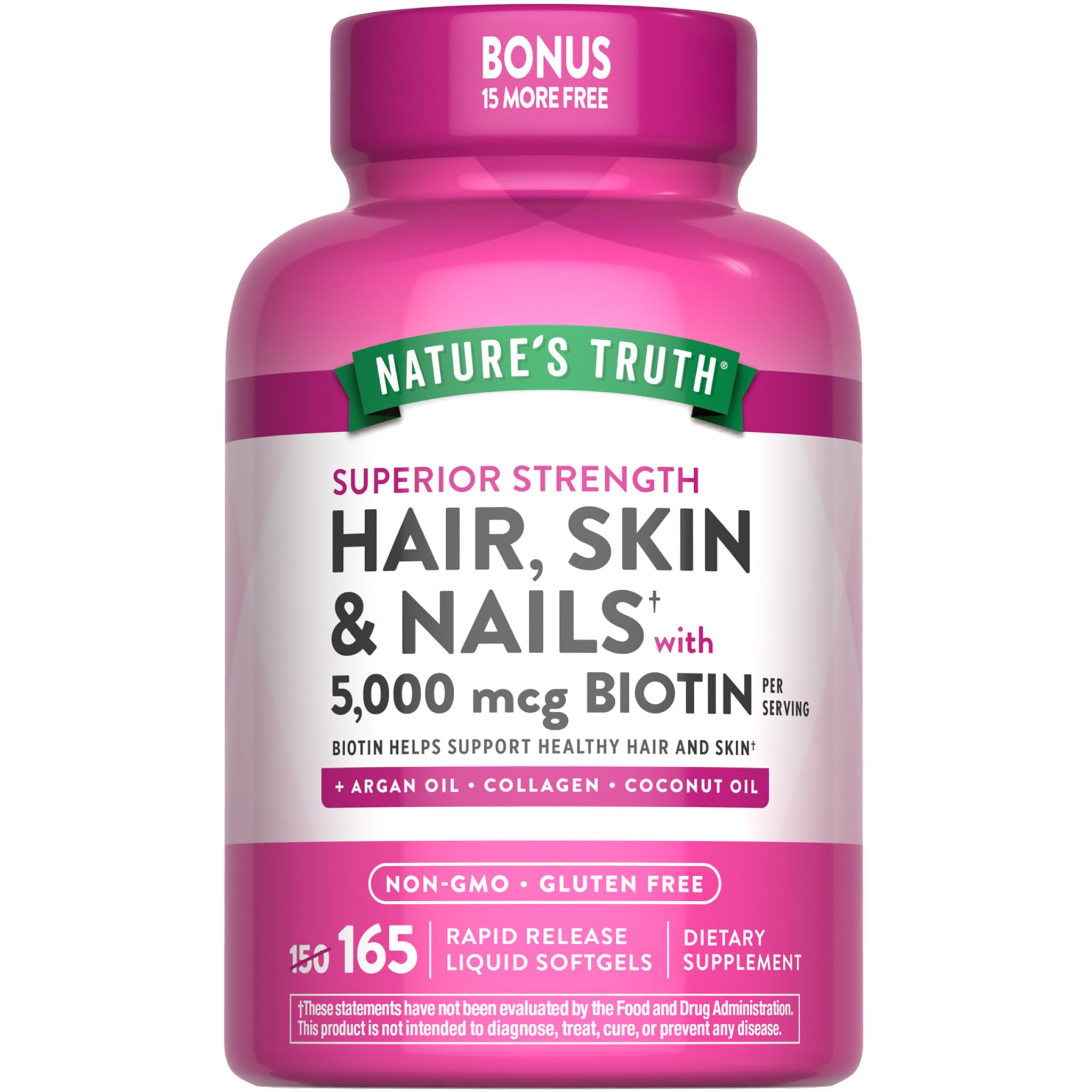Nature's Truth frasco frontal mostrando 165 softgels y beneficio de conveniencia