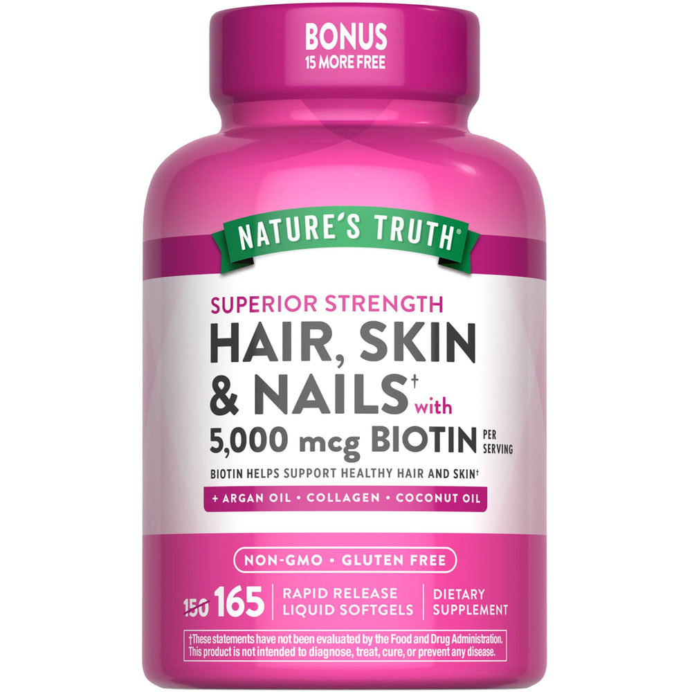 Nature's Truth frasco frontal mostrando 165 softgels y beneficio de conveniencia