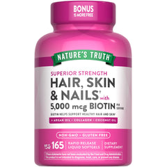 Nature's Truth frasco frontal mostrando 165 softgels y beneficio de conveniencia