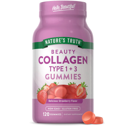 Nature's Truth frasco frontal mostrando 120 gomitas y conveniencia