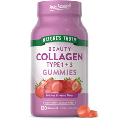 Nature's Truth frasco frontal mostrando 120 gomitas y conveniencia