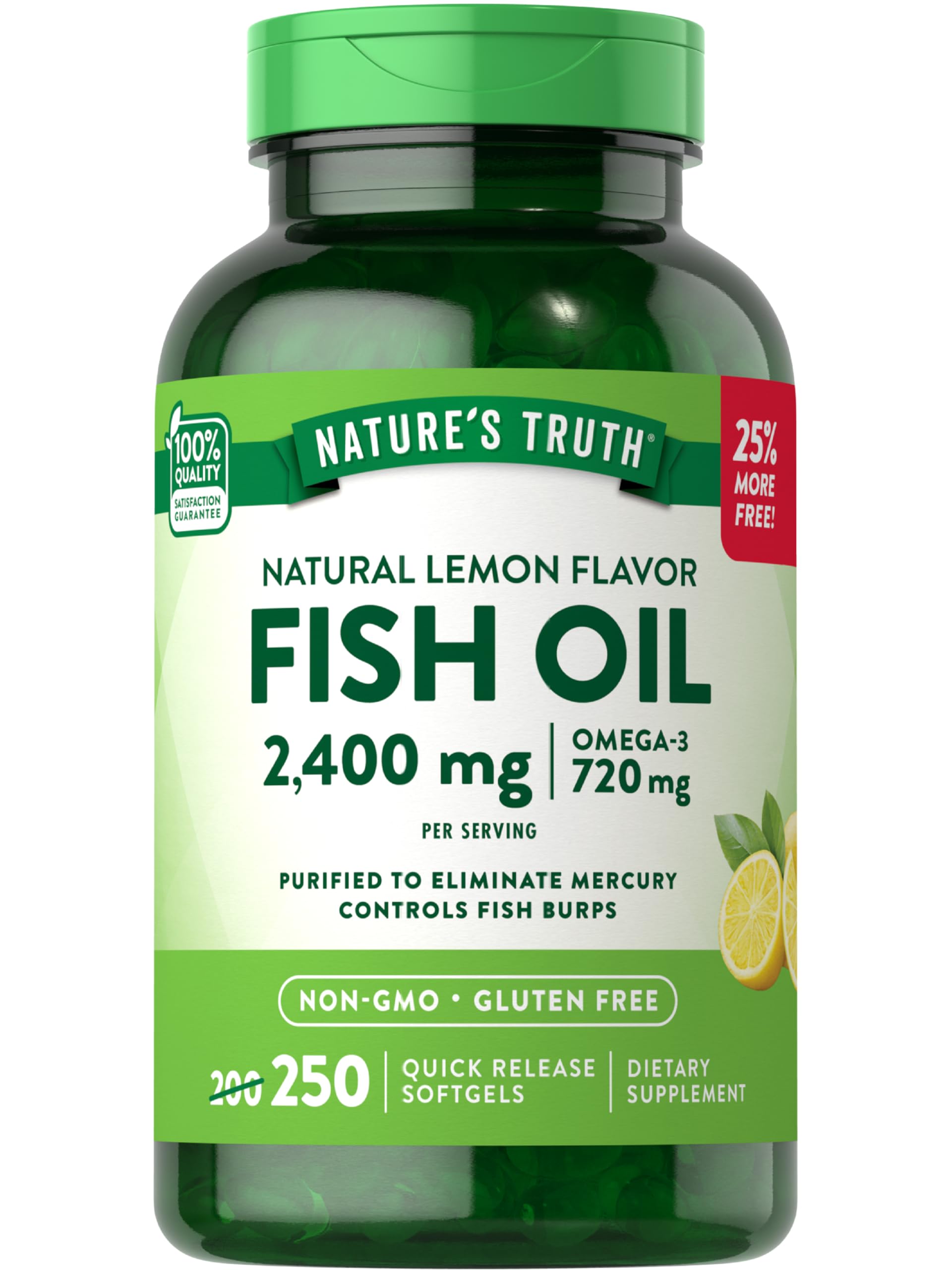 Nature's Truth frente del empaque mostrando 250 softgels y beneficios clave