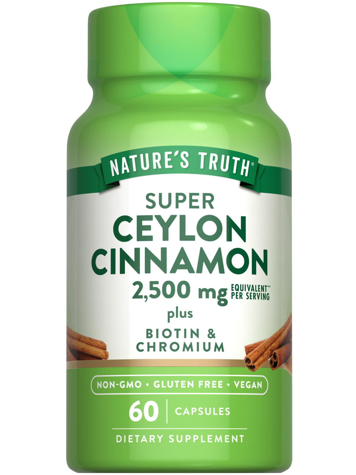 Nature's Truth envase frontal de canela Ceilán mostrando diseño claro y beneficios