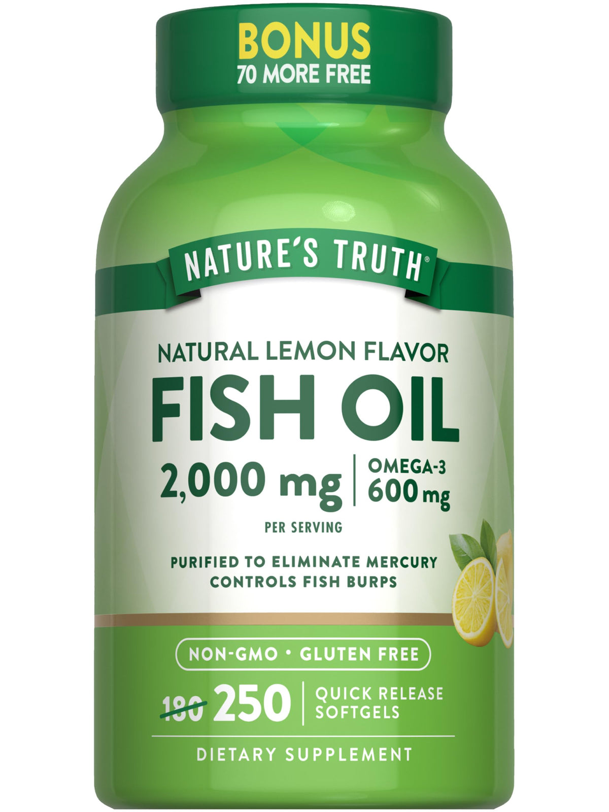 Nature's Truth frente del envase mostrando 250 cápsulas y beneficios