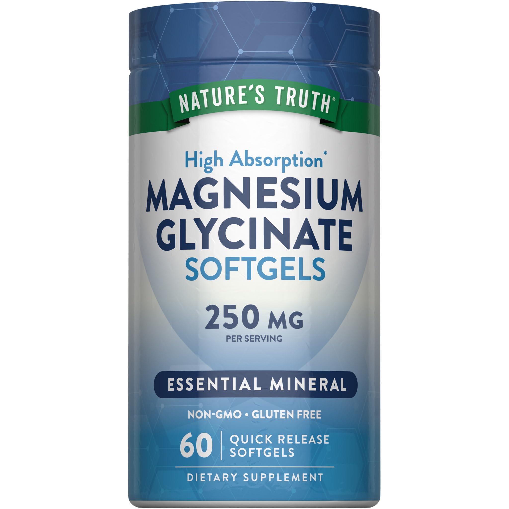 Nature's Truth envase frontal de Magnesium Glycinate que muestra la presentación y beneficio