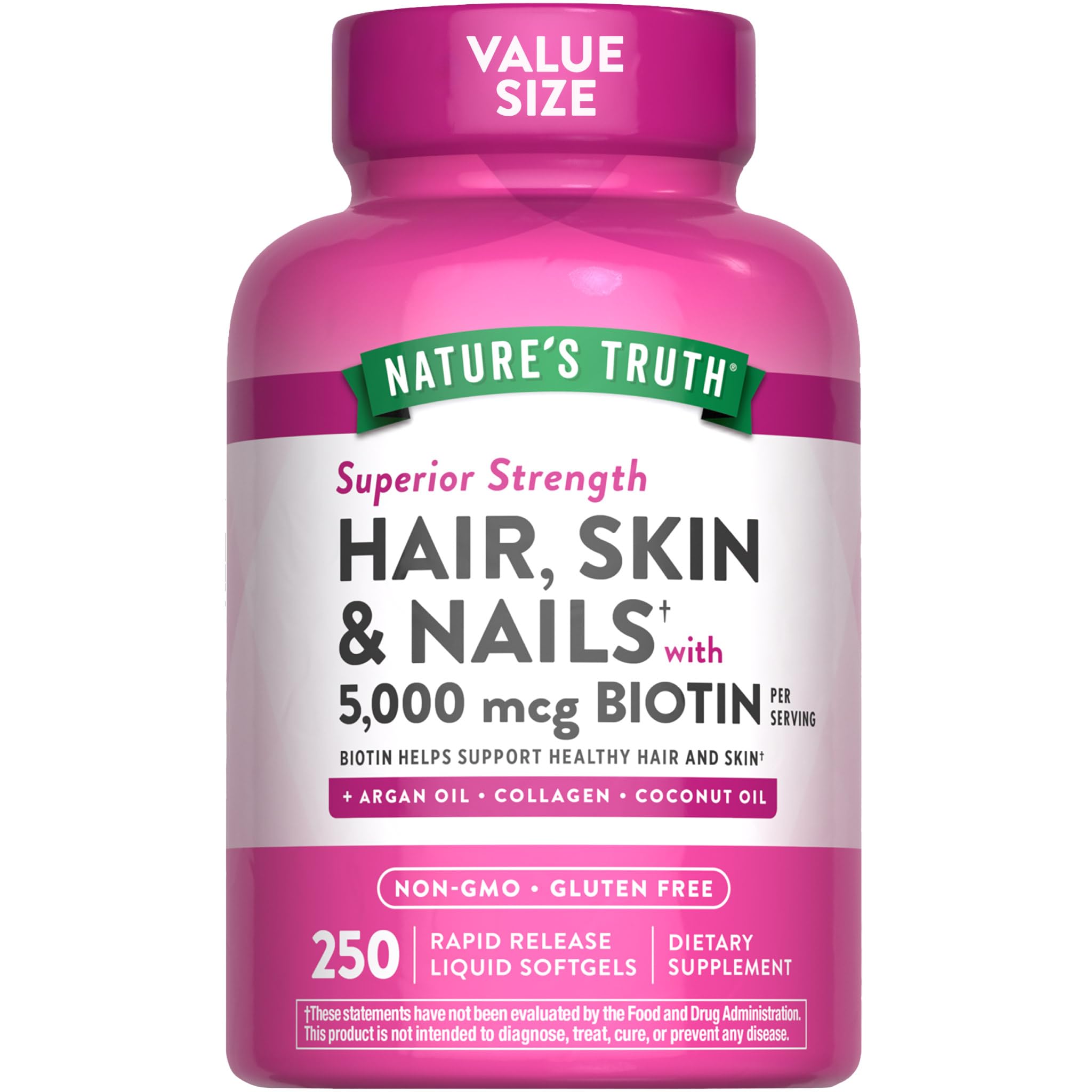 Nature's Truth frontal del envase mostrando 250 softgels y beneficios