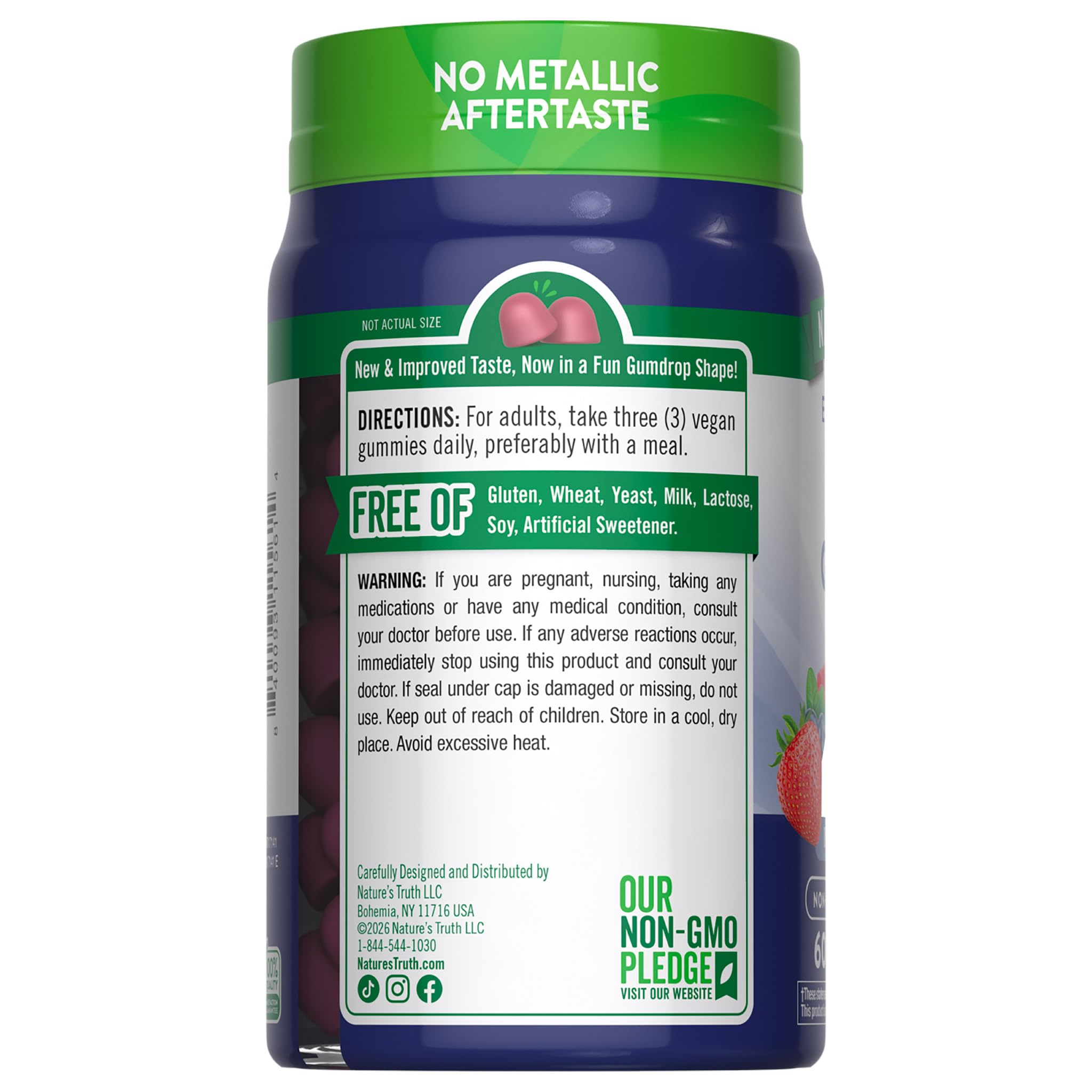Nature's Truth lista de ingredientes en etiqueta que muestra libres de alérgenos
