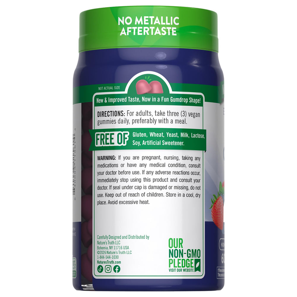 Nature's Truth lista de ingredientes en etiqueta que muestra libres de alérgenos