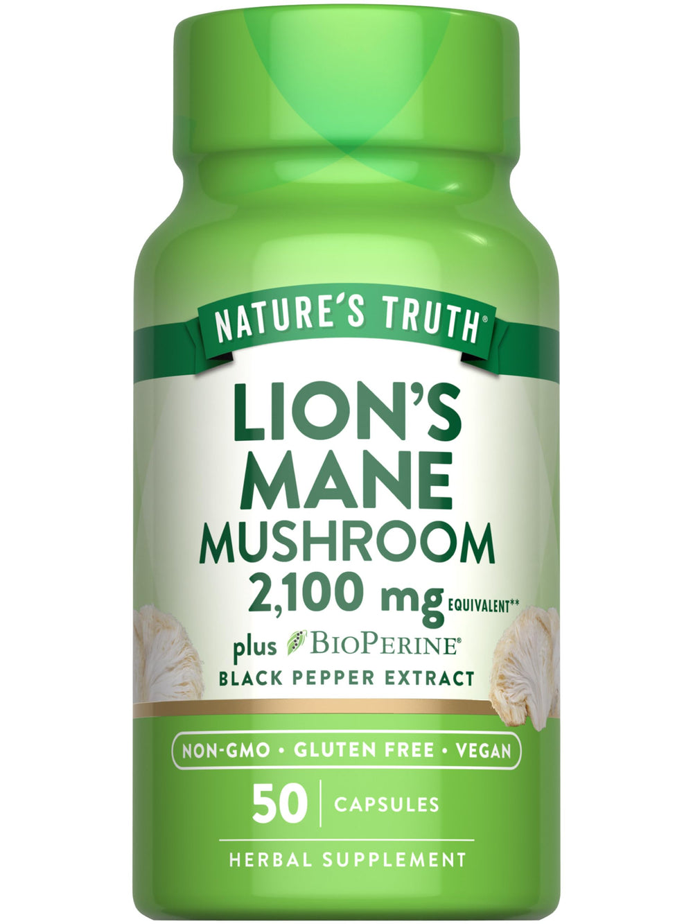 Nature's Truth frasco frontal mostrando 50 cápsulas y beneficios claros