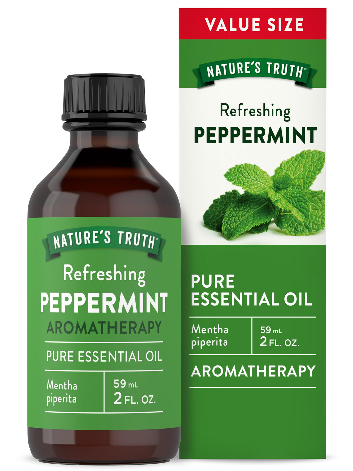 Nature's Truth botella frontal de aceite de menta mostrando el envase y frescura