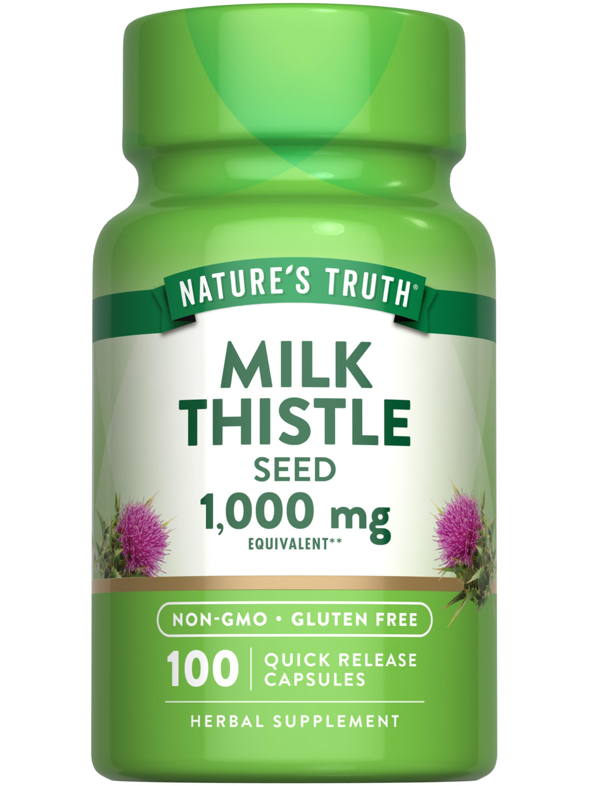 Nature's Truth envase frontal de Milk Thistle con diseño claro y beneficios