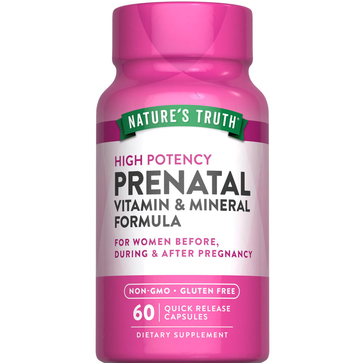 Nature's Truth envase frontal del prenatal muestra marca y beneficio diario