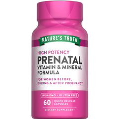 Nature's Truth envase frontal del prenatal muestra marca y beneficio diario