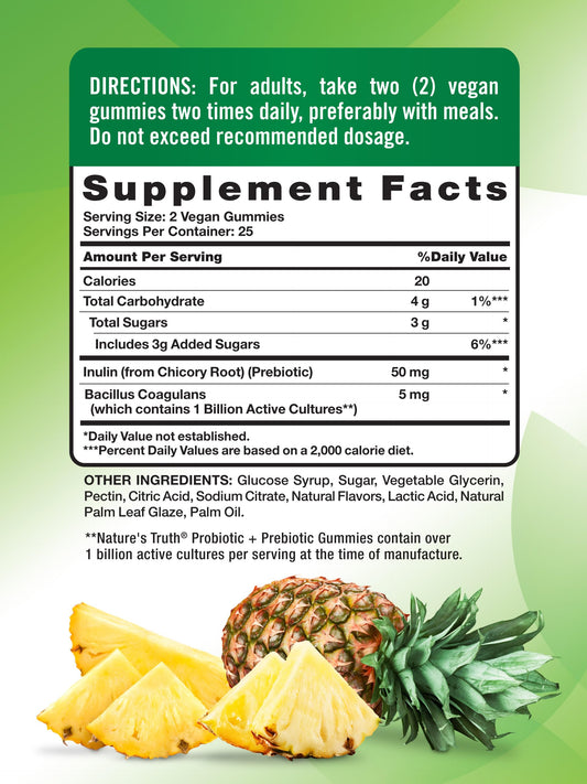 Nature's Truth probiotic gummies adults label highlights 1B CFU and prebiotic support.